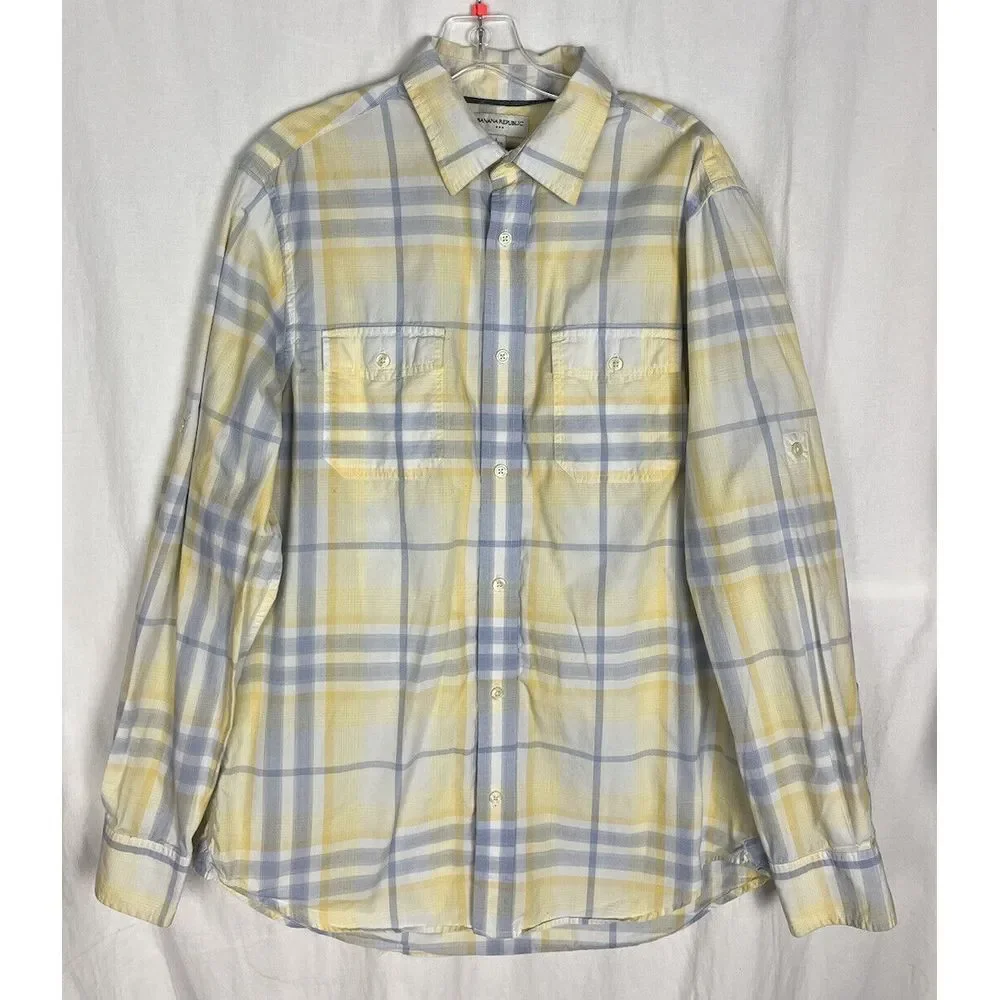 Banana Republic Button Up Shirt Mens L (16- 16 1/2) Roll Tab Sleeve Cotton Plaid
